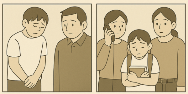 변호사가 부모에게 피해자 접촉을 삼가라고 조언하는 그림